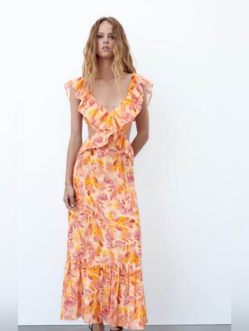 Zara Linen Floral Ruffle V-Neck Maxi Dress in Peach-Pink. New Without Tags